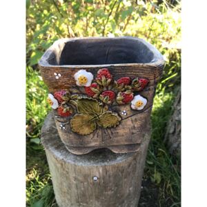 Keramika Javorník květináč hranatý- jahody 11 x 14 cm, hnědý
