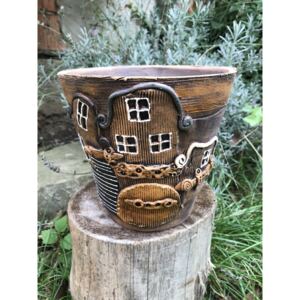 Keramika Javorník květináč - domky 20 x 18 cm, hnědý