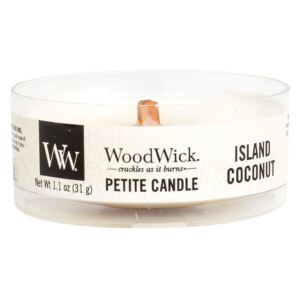Čajová vonná svíčka pettie candle s dřevěným knotem WoodWick Island Coconut - Kokosový ostrov 31 g