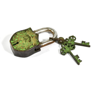 Visací zámek, Draci, zelená patina mosaz, dva klíče ve tvaru dorje, 9cm