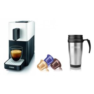 Výhodný set - kávovar Cremesso Easy Shell White / Midnight Black s termohrnkem a 60 kapslemi kávy
