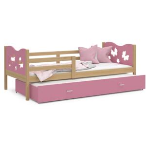 Dětská postel s přistýlkou MAX W - 190x80 cm - růžová/borovice - motýlci