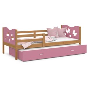Dětská postel s přistýlkou MAX W - 190x80 cm - růžová/olše - motýlci