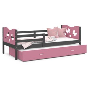 Dětská postel s přistýlkou MAX W - 190x80 cm - růžovo-šedá - motýlci