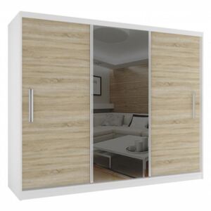 Šatní skříň s posuvnými dveřmi zrcadlem šířka 235 cm bílý korpus 12 Bílá - Dub sonoma