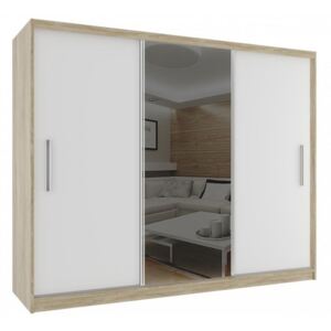 Šatní skříň s posuvnými dveřmi zrcadlem šířka 235 cm dub sonoma korpus 15 Dub sonoma - Bílá