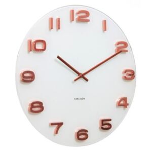 Bílé skleněné nástěnné hodiny s ručičkami měděné barvy 5534 Karlsson 35cm
