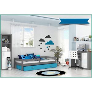 Dětská postel HARRY s barevnou zásuvkou+matrace, 80x160, šedý/modrý