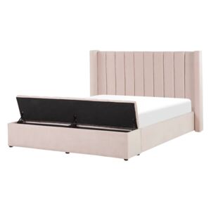 Růžová čalouněná sametová postel s malým úložným prostorem 160 x 200 cm NOYERS