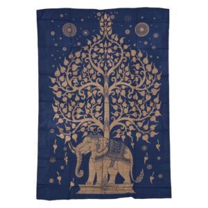 Sanu Babu Přehoz s tiskem, modrý, zlatý tisk strom života a slon, 206x140cm