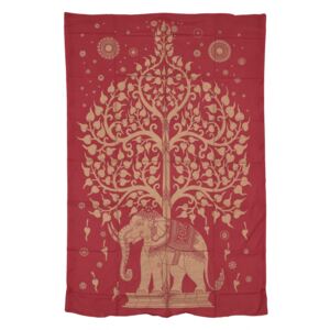 Sanu Babu Přehoz s tiskem, červený, zlatý tisk strom života a slon, 205x137cm