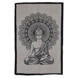 Sanu Babu Přehoz s tiskem, Buddha, béžový, černý tisk, 202x140cm