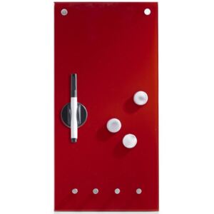 Skleněná magnetická tabule MEMO, barva červená + 3 magnety a 4 háčky, 40x20 cm