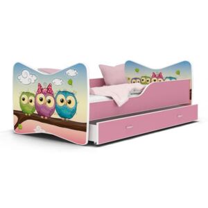 Dětská postel KEVIN 70x140 cm v růžové barvě se šuplíkem SOVIČKY
