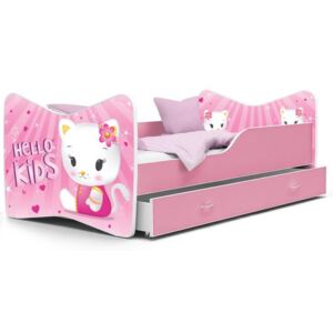 Dětská postel KEVIN 80x160 cm v růžové barvě se šuplíkem HELLO KIDS KOČIČKA