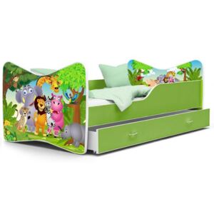 Dětská postel KEVIN 70x140 cm v zelené barvě se šuplíkem ZVÍŘATKA Z JUNGLE