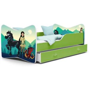 Dětská postel KEVIN 70x140 cm v zelené barvě se šuplíkem INDIÁNKA