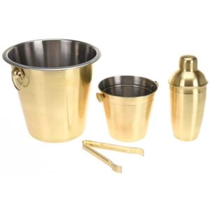 Barmanský set, zlatá barva: nádoba na alkohol, kbelík na led, kleště, šejkr