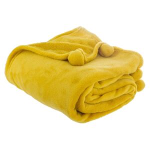 Teplá deka, přikrývka, deka s polyesteru, deka s pompony, 150 x 125 cm - žlutá barva