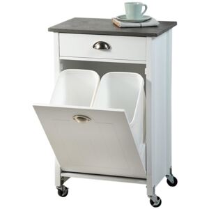 Bílý kuchyňský vozík vybavený košem na třídění odpadu, praktický a stylový kuchyňský pomocník