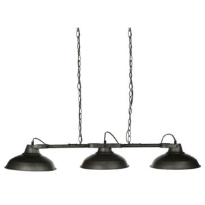 Stropní svítidlo černé barvy v industriálním stylu, vyrobené z oceli, má tři zdroje světla