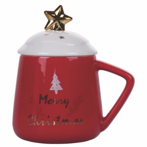 VILLA D’ESTE HOME Veselý porcelánový vánoční hrnek s víčkem a lžičkou Merry Christmas, červený, 375 ml