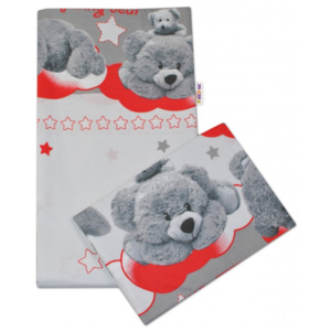 Baby Nellys 2-dílné bavlněné povlečení Medvídek hvězdička - šedé s červenou - 135x100cm