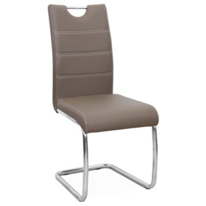 Jídelní židle potažená hnědou ekokůží se zdobným prošitím na opěradle a chromovou moderně tvarovanou podstavou TK182