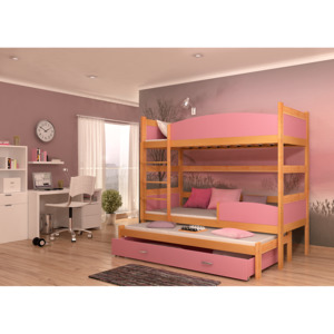 Dětská patrová postel SWING3 + rošt + matrace ZDARMA, 190x90, olše/růžový