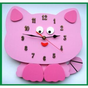 Dětské dřevěné hodiny Kočka - světle růžová běžný mechanismus