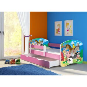 Dětská postel - Farma 2 140x70 cm + šuplík růžová
