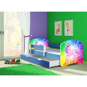 Dětská postel - Poník jednorožec duha 2 160x80 cm + šuplík modrá