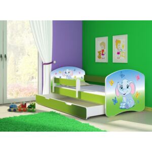 Dětská postel - Barevný sloník 2 160x80 cm + šuplík zelená