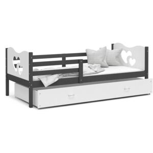 Dětská postel se šuplíkem MAX S - 190x80 cm - bílo-šedá - srdíčka