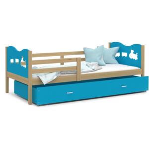 Dětská postel se šuplíkem MAX S - 200x90 cm - modrá/borovice - vláček