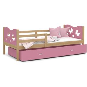 Dětská postel se šuplíkem MAX S - 160x80 cm - růžová/borovice - motýlci