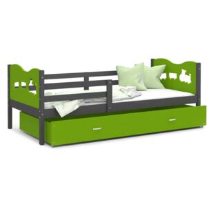 Dětská postel se šuplíkem MAX S - 190x80 cm - zeleno-šedá - vláček