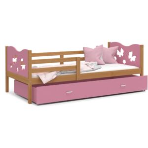 Dětská postel se šuplíkem MAX S - 160x80 cm - růžová/olše - motýlci