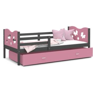 Dětská postel se šuplíkem MAX S - 190x80 cm - růžovo-šedá - motýlci