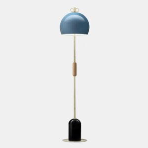 Torremato Bon Ton, stojací lampa z mosazi, dřeva, černá základna, modré stínítko, 3x30W E14, výška 157,4cm