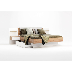 Manželská postel SPIRIT + rošt a deska s nočními stolky, 160x200, dub Kraft/bílá lesk
