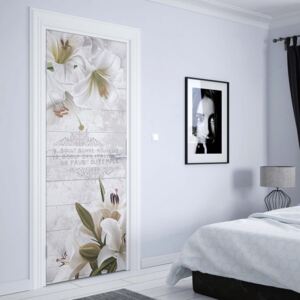 GLIX Fototapeta na dveře - Vintage Chic Flowers Wood Planks French Script | 91x211 cm