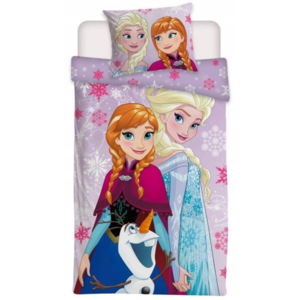 Dětské bavlněné licenční povlečení Disney Anna a Elza Frozen vločky 140x200cm / 70x80cm fialové