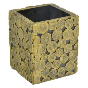 Dřevěná krabička bez víka zdobená mincemi, 10x10x13cm