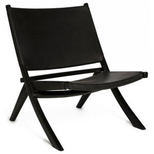 Černá židle s konstrukcí z teakového dřeva a sedákem z hovězí kůže Simla Fold