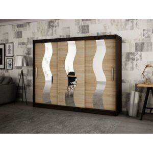 Velká šatní skříň s posuvnými dveřmi a ozdobnými zrcadly Hedvika 250 v barvě wenge-dub sonoma