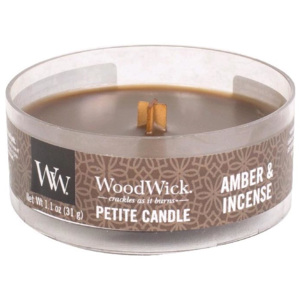 WoodWick - vonná svíčka Petite, Ambra a kadidlo 31g (Amber & Incense. Sytá ambra a santálové dřevo s kouřovými podtóny exotických koření a bylin.)