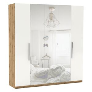 Šatní skříň se zrcadlem Merlot 5D, Barva: dub wotan + bílá + zrcadlo, Typ vnitřní: C5, Držáky: chrom