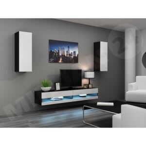 Obývací stěna Zigo New X, Osvětlení: osvětlení LED - modré, Barva: černý / bílá lesk
