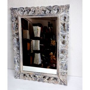 Zrcadlo LUGAR bílé - hnědá patina, 80x60 cm, exotické dřevo, ruční práce